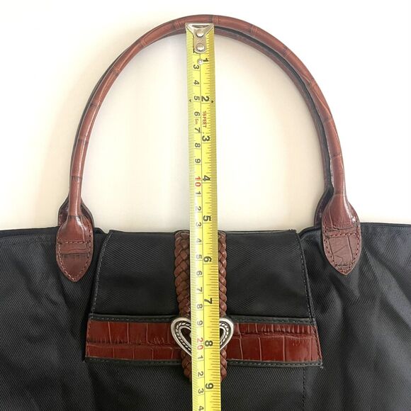 Brighton Silver Heart Brown Leather Handles Black Nylon Long Tote Bag - Picture 9 of 16